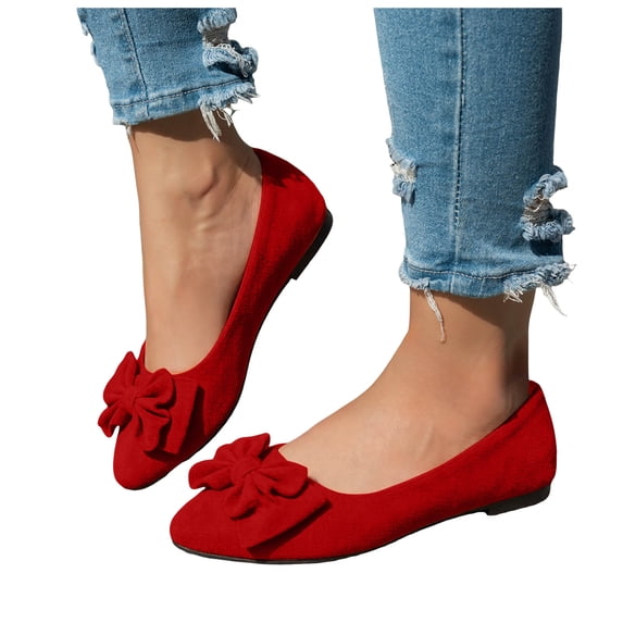 HEWUQI Ballet Flats for Women Suede Solid Color Insole Lightweight Bowknot Mary Jane Non Slip Comfortable Business Dress Shoes Red Size 7