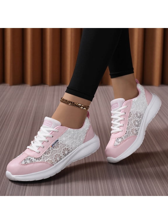 Bowling Shoes Women Lace up Arch Support Platform Wedge Walking Non Slip Sneakers Lightweight Casual Outdoor Athletic Footwear Pink Size 8