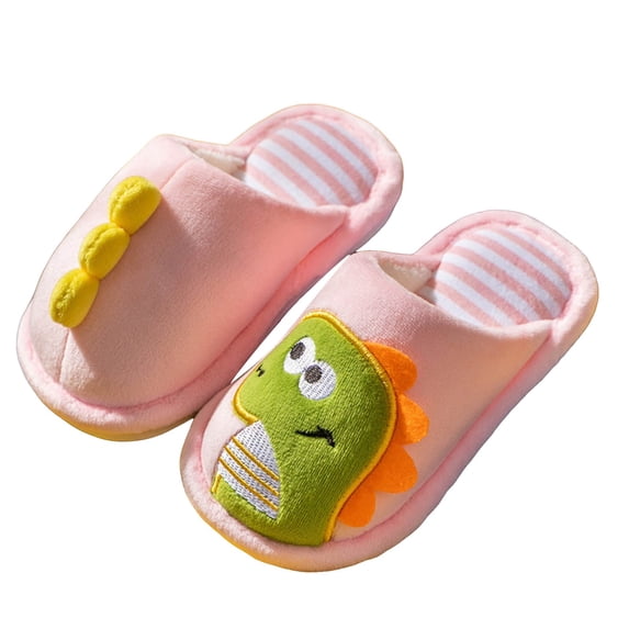 HEWUQI Boys Dinosaur Slippers Girls Cute Warm Plush House Slip on Winter Indoor Fuzzy Slides Soft Furry Bedroom Shoes Pink Size 1 Big Kid
