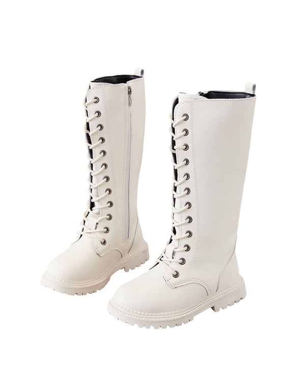 Boys Girls Knee High Boots Buckle Fashion Side Zipper Lace up Winter Tall Riding Combat Booties Beige Size 13 Little Kid