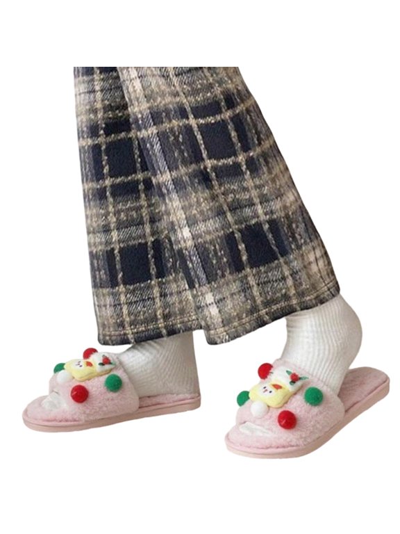 Cartoon Character Plush Scuff Slippers for Men Pom Detail Soft Cute Indoor Fun Cozy House Wear at Home Pink Size 6.5