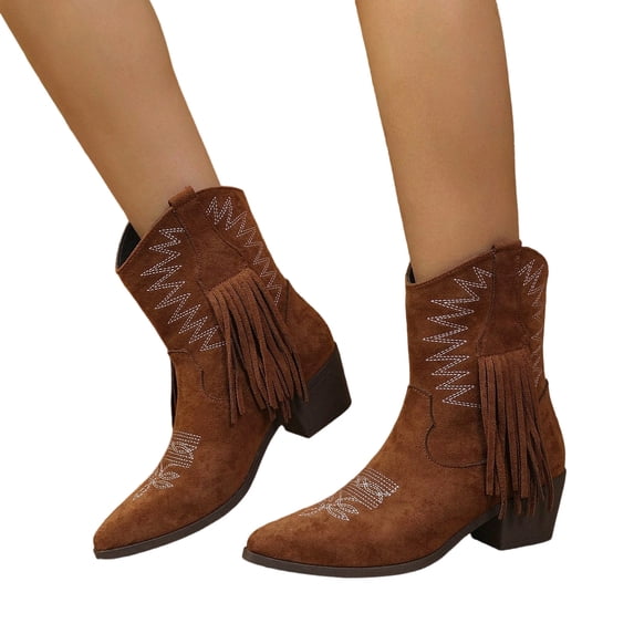 HEWUQI Embroidered Cowboy Boots for Women Suede Tassel Wide Calf Western Boots Slip on Bohemian Retro Dress Winter Shoes Brown Size 6