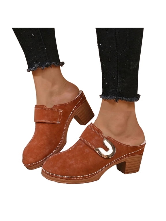 Fleece Lined Ankle Booties for Women Buckle Block Heeled Slip on Mules Home Cold Weather Footwear Brown Size 6.5