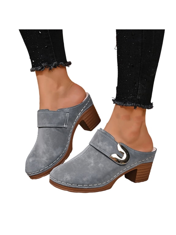 Fleece Lined Ankle Booties for Women Buckle Block Heeled Slip on Mules Home Cold Weather Footwear Gray Size 6.5
