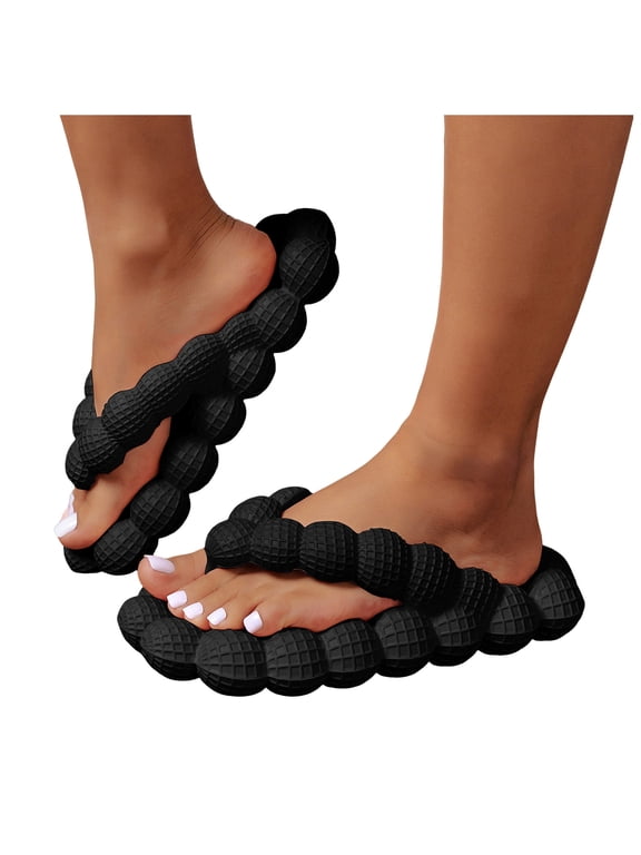 Funny Bubble Slides for Women Men Comfortable Slip on Thong Flip Flops Vacation Beach Pool Slippers with Arch Support Non Slip Sandals Black Size 8