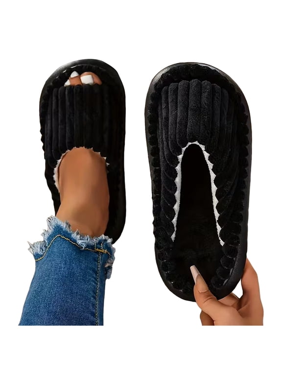 Fuzzy Slippers for Women Open Toe Cozy Plush Corduroy Lightweight House Slides with Memory Foam Cute Indoor Outdoor Shoes Black Size 8