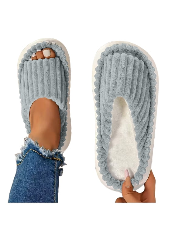 Fuzzy Slippers for Women Open Toe Cozy Plush Corduroy Lightweight House Slides with Memory Foam Cute Indoor Outdoor Shoes Gray Size 8