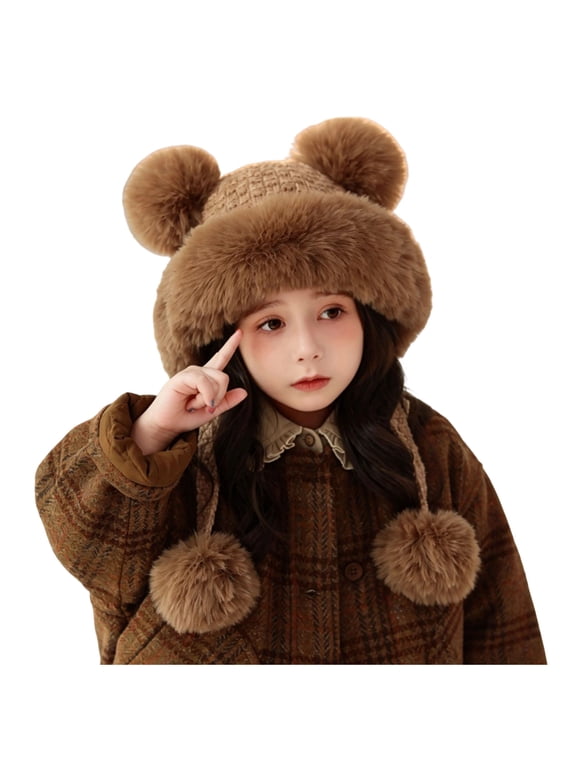 Girls Plush Faux Fur Trapper Cap with Bear Ears Pompom Ear Flaps Warm Winter Hat on Snowy Outdoor Days Khaki Size 2-8 Years