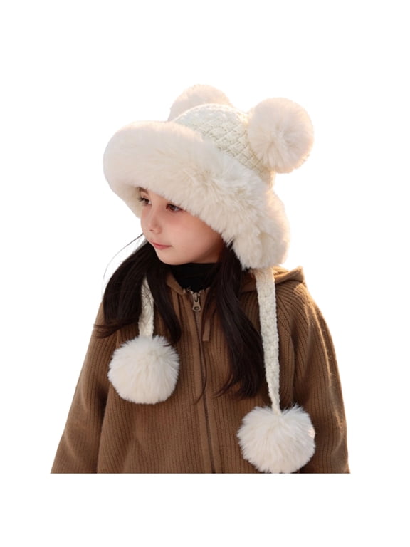 Girls Plush Faux Fur Trapper Cap with Bear Ears Pompom Ear Flaps Warm Winter Hat on Snowy Outdoor Days White Size 2-8 Years