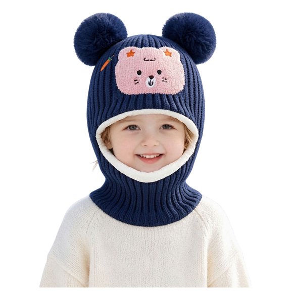 HEWUQI Kids Knit Winter Balaclava Hood with Double Pompom Bear Ears Cartoon Face Fleece Lined Neck Warmer Hat at Play Navy Size 1-5 Years