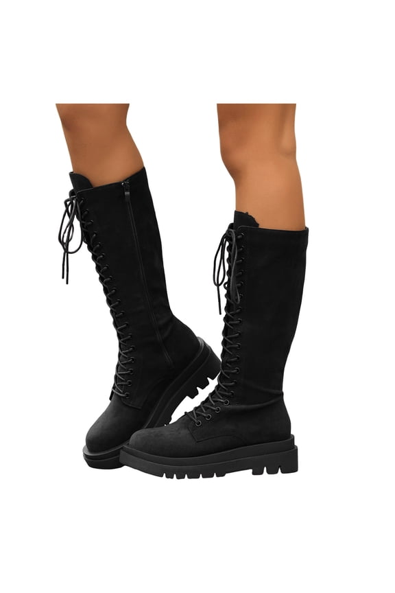 Knee High Platform Chunky Boots for Women Round Toe Side Zipper Elastic Panel Non Slip Lug Outsole Soft Lace up Shoes Size 8