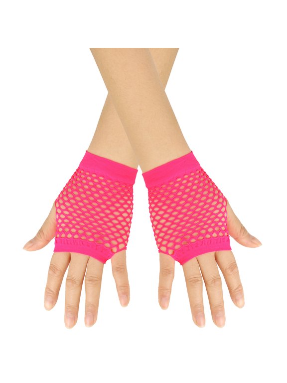 Knit Mesh Half Finger Hand Cuffs for Womens Gothic Outfit Add on for Club Nights Themed Costume Parties Hot Pink