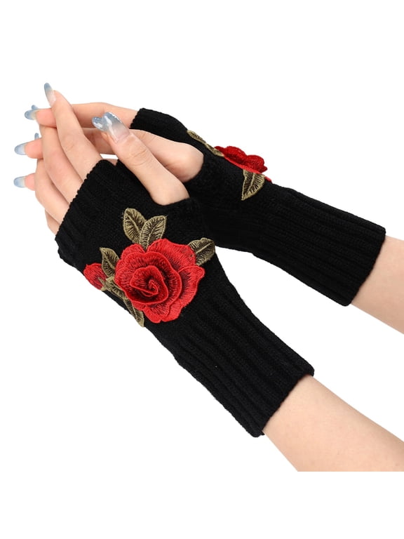 Ladies Ribbed Knit Arm Warmers Flower Applique Soft Stretch Hand‑cover Indoor Writing Daily Winter Supply Black