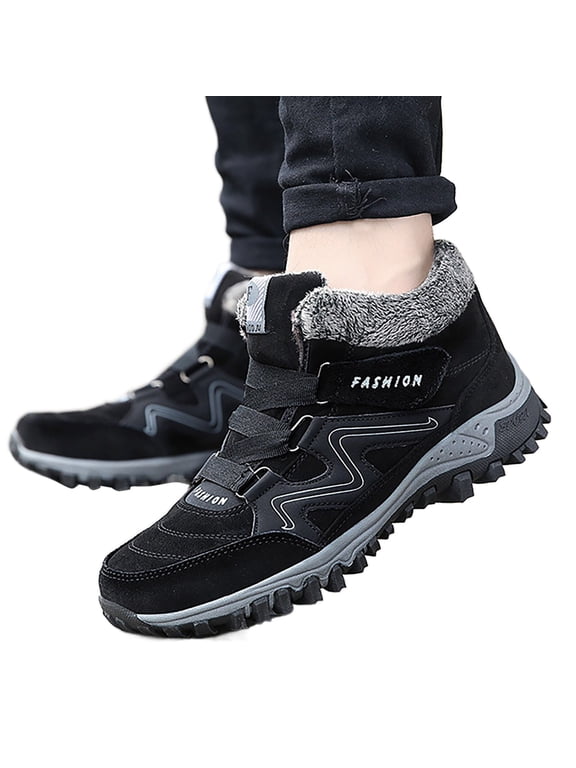 Mans Plush Lined Outdoor Boots with Adjustable Strap Warm Platform Winter Ankle Booties Cozy Cold Weather Snowy Days Casual Hiking Shoes Black Size 8