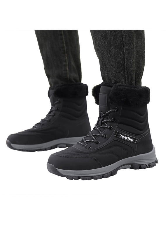 Men Women Snow Boots Winter Walking Comfortable Outdoor Lace up Booties Non Slip Sole Solid Color Warm Shoes Black Size 10