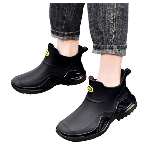 HEWUQI Men's Ankle Rain Boots Waterproof Antislip Rubber Slip on Booties Garden Boots Outdoor Rain Shoes for Boating Sailing Farming Black Size 9