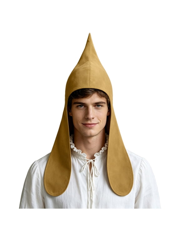 Men's Medieval Pointed Hood, Cotton Chaperon Cap with Long Hanging Ear Flaps, for Renaissance Faire Cosplay Khaki