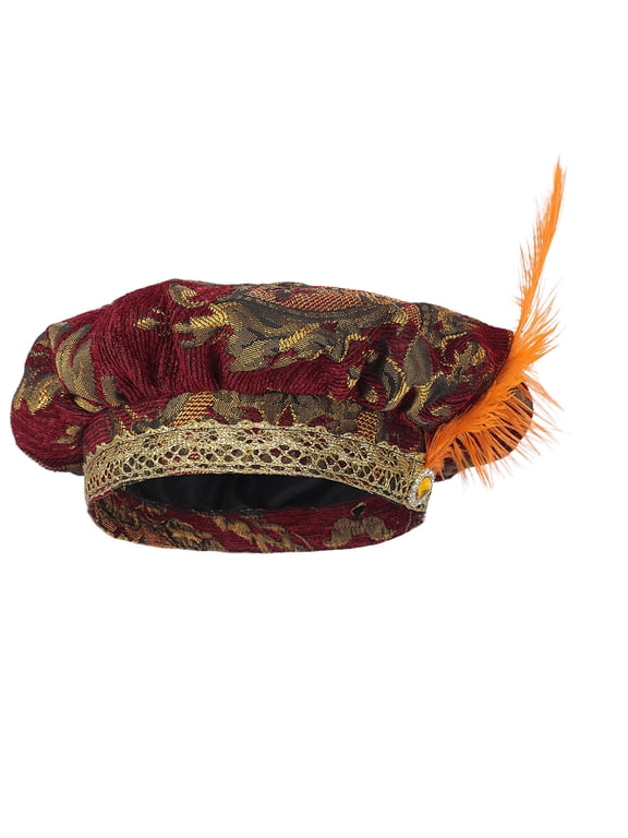 Men's Renaissance Beret Hat, Jacquard Brocade Tudor Cap with Feather and Trim, at Medieval Costume Events Red