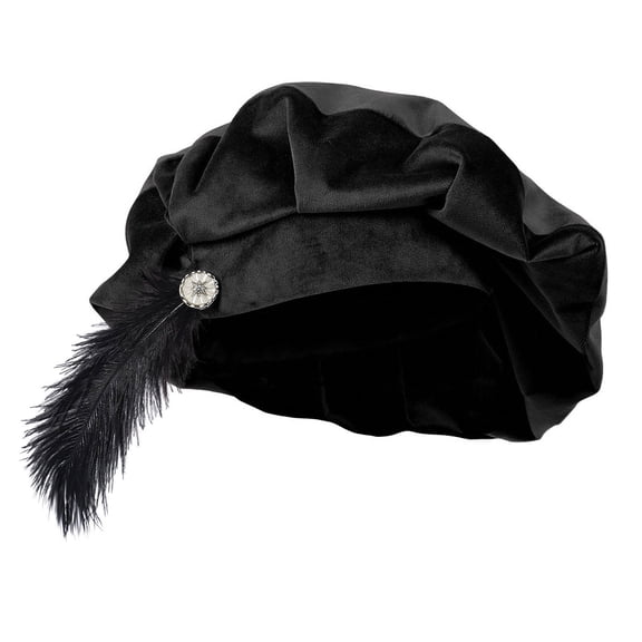 HEWUQI Men's Velvet Renaissance Beret with Feather and Jewel Button, Tudor Style Costume Hat at Fairs and Themed Parties Black