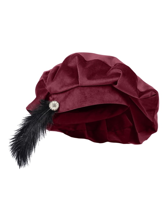 Men's Velvet Renaissance Beret with Feather and Jewel Button, Tudor Style Costume Hat at Fairs and Themed Parties Red