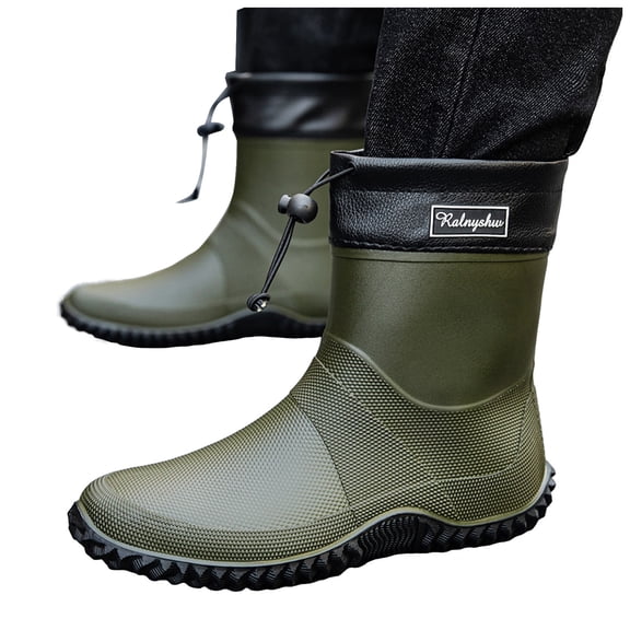 HEWUQI Men's Work Boots Waterproof Rubber Lug Sole Rain Booties for Farming Hunting Fishing Green Size 7