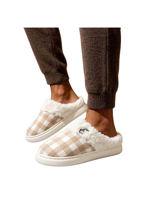 Mens Plaid Scuff Slippers, Furry Collar Closed Toe House Shoes with Flat Sole for Fall Winter Indoor Lounging at Home Coffee Size 8