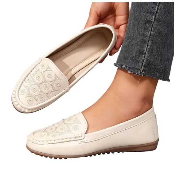 HEWUQI Orthopedic Shoes for Women Leather Flowers Arch Support Slip on Loafers Lightweight Dress Sneakers Walking Casual Outdoor Flats d-White Size 9.5