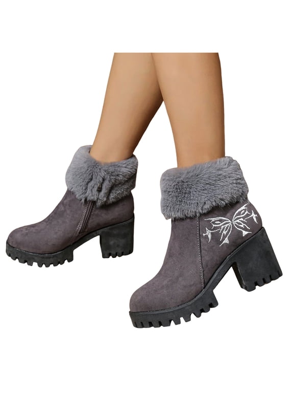 Platform Ankle Boots for Women Fashion Winter Warm Fuzzy Dress Pumps Side Zipper Fluffy Plush Chunky High Heels Mid Calf Short Boots Size 6.5
