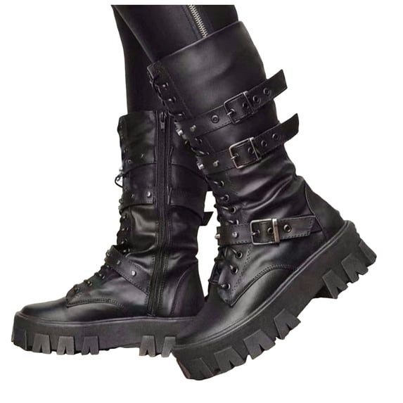 HEWUQI Platform Combat Boots for Women Buckles Lace up Chunky Lug Sole Mid Calf Booties Fall Winter Outdoor Hiking Footwear Black Size 6.5