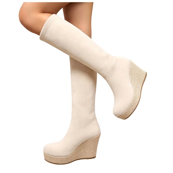 HEWUQI Platform Knee High Boots for Women Square Toe Wedge Heels Suede Side Zipper Long Walking Standing Fall Winter Tall Dress Boots White Size 6