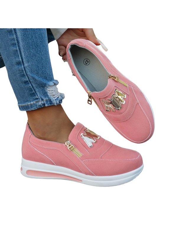 Platform Sneakers for Women Breathable Slip on Round Toe Chunky Low Top Shoes Side Zipper Comfortable Walking Loafers a-Pink Size 7.5