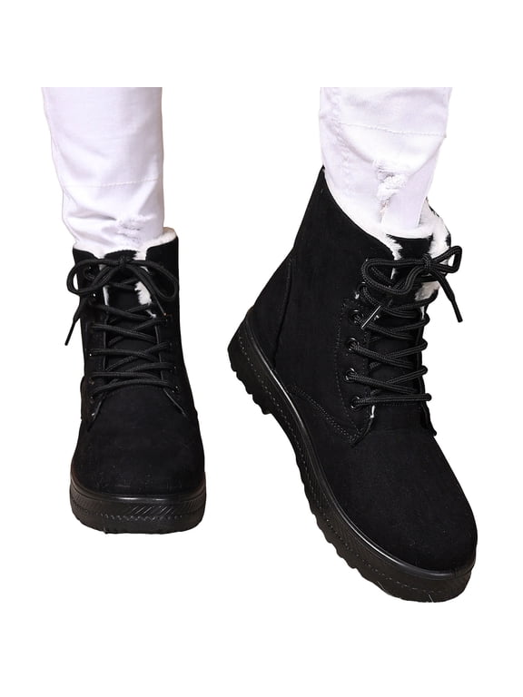 Plush Lined Short Booties for Womens Suede Lace up Combat Flat Ankle Boots Daily Outdoor Fashion Shoes Black Size 8.5