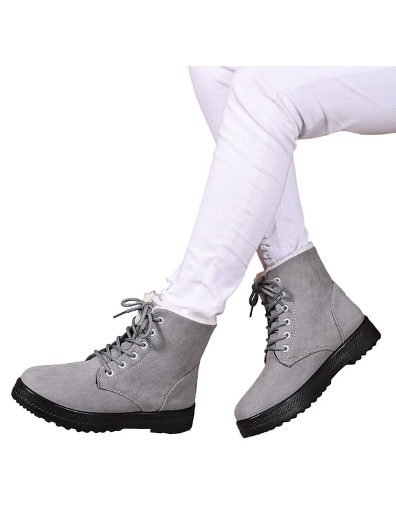 Plush Lined Short Booties for Womens Suede Lace up Combat Flat Ankle Boots Daily Outdoor Fashion Shoes Gray Size 10