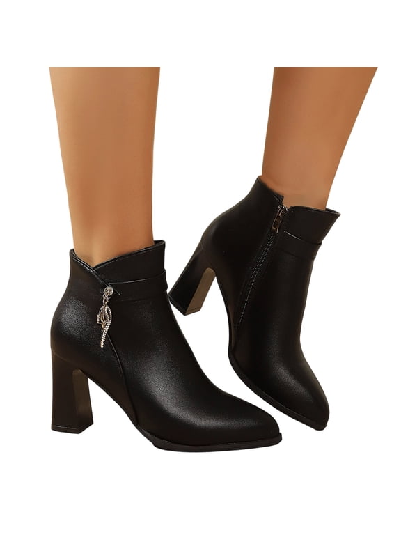 Pointed Toe Ankle Boots for Women Metal Rhinestone Decor Leather Chunky Block High Dress Heels Black Size 8.5