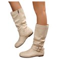 thumbnail image 1 of HEWUQI Short Cowboy Boots for Women Slouchy Mid Calf Round Toe Side Zipper Flats Adjustable Buckle Decor Comfortable Winter Fall Shoes Beige Size 5.5, 1 of 6