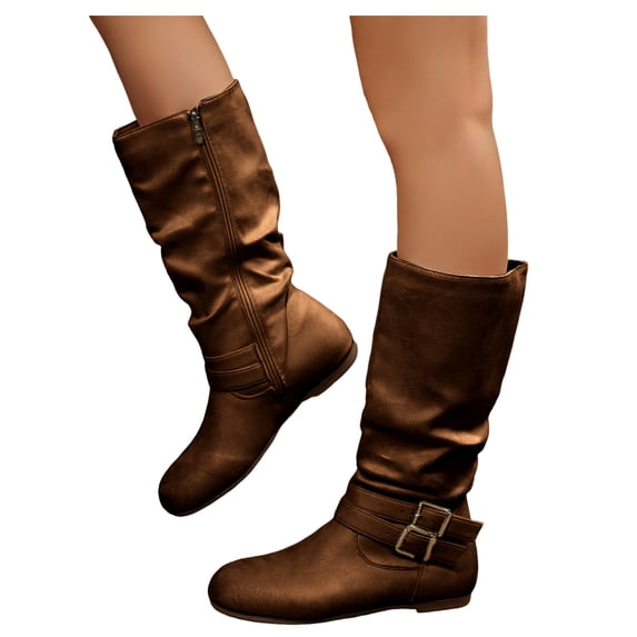HEWUQI Short Cowboy Boots for Women Slouchy Mid Calf Round Toe Side Zipper Flats Adjustable Buckle Decor Comfortable Winter Fall Shoes Brown Size 7