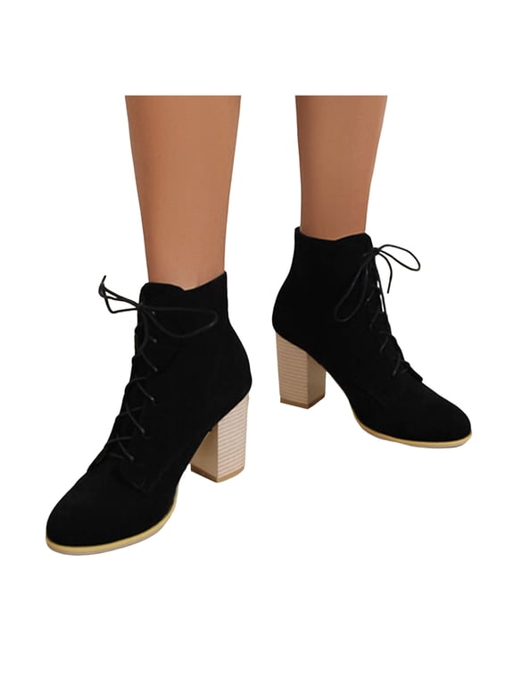 Suede Lace up Women's Ankle Booties Round Toe Chunky Block Heels Daily Party Fashion Short Boots Black Size 5.5