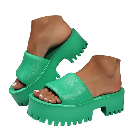 HEWUQI Thick Soled Heeled Sandals for Women Platform Slip on Block Heels Dressy Summer Open Toe Chunky High Slides Vacation Beach Slippers Shoes Green Size 7