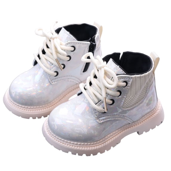 HEWUQI Toddler Girls Glitter Ankle Boots Boys Chunky Sole Side Zipper Lace up Wide Fashion Short Booties Non Slip Fall Winter Dress Shoes Beige Size 12 Little Kid