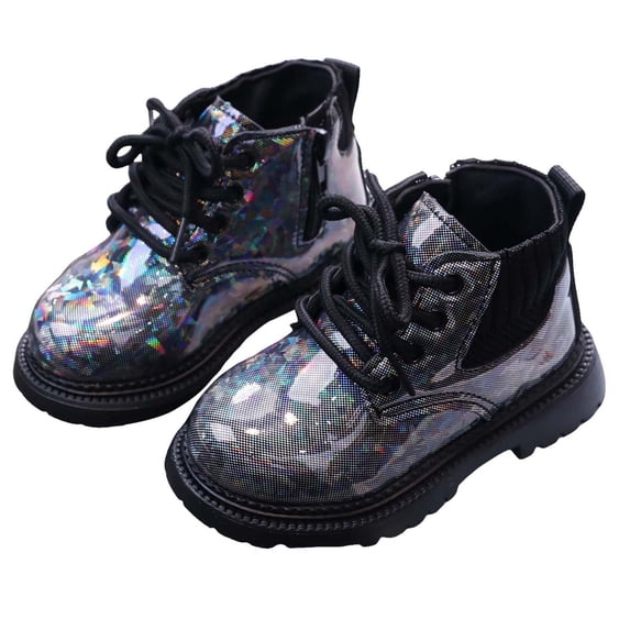 HEWUQI Toddler Girls Glitter Ankle Boots Boys Chunky Sole Side Zipper Lace up Wide Fashion Short Booties Non Slip Fall Winter Dress Shoes Black Size 9.5 Toddler