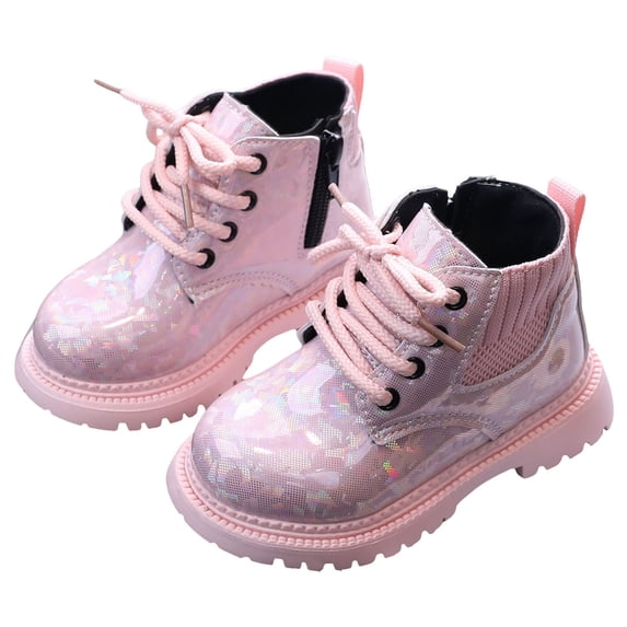 HEWUQI Toddler Girls Glitter Ankle Boots Boys Chunky Sole Side Zipper Lace up Wide Fashion Short Booties Non Slip Fall Winter Dress Shoes Pink Size 6 Infant