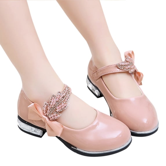HEWUQI Toddler Kids Rhinestone Bowknot Ballet Flats Big Girls Princess Breathable Low Square Heels Glitter Wedding Party Dress Shoes Pink Size 4 Big Kid