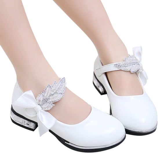 HEWUQI Toddler Kids Rhinestone Bowknot Ballet Flats Big Girls Princess Breathable Low Square Heels Glitter Wedding Party Dress Shoes White Size 1 Big Kid