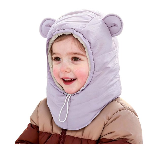HEWUQI Toddler Padded Winter Hood with Bear Ears Windproof Balaclava Scarf Cover Infant Cold Weather Walks Purple Size 4-10 Years