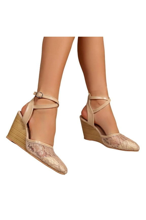 Wedge Heels for Women Point Closed Toe Lace Heeled Sandals Adjustable Ankle Strap Slip on Comfortable Spring Summer Travel Shoes Beige Size 8.5
