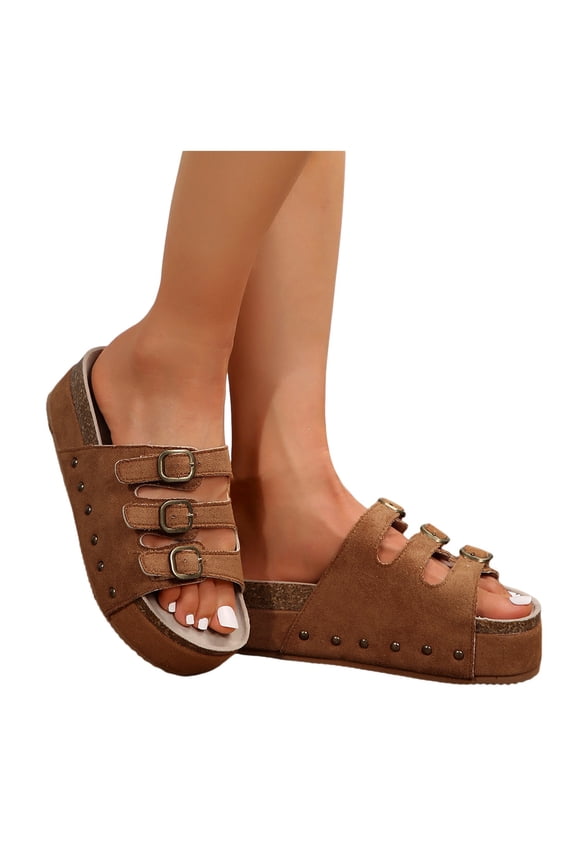 Wedge Sandals for Women Comfortable Studded Suede Boho Platform Slides Adjustable Strap Open Toe Summer Vacation Shoes Brown Size 6