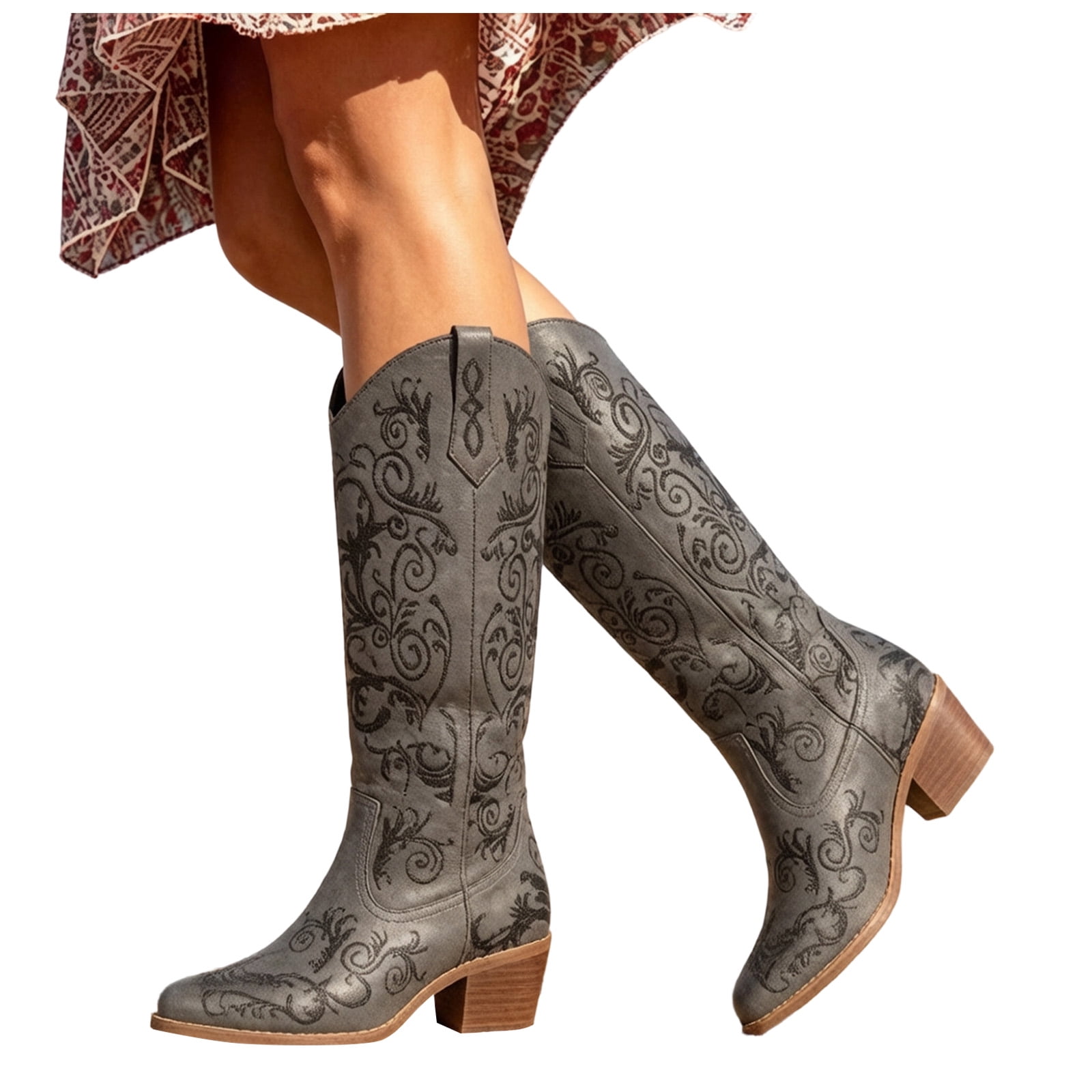 HEWUQI Western Cowboy Boots for Women Suede Moire Pattern Wedge Cowgirl ...
