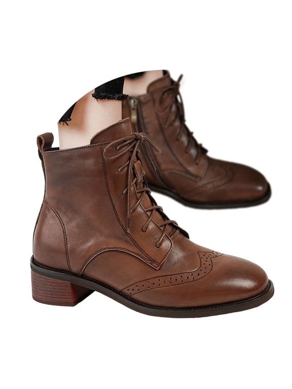 Women Ankle Boots Brogue Wingtip Lace up Block Heel Leather Upper Office Dress Casual Work Footwear Brown Size 6.5