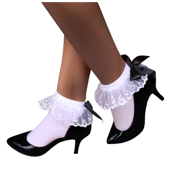 HEWUQI Women Lace Ruffle Ankle Socks Satin Bow Sweet Frilly Short Socks ...