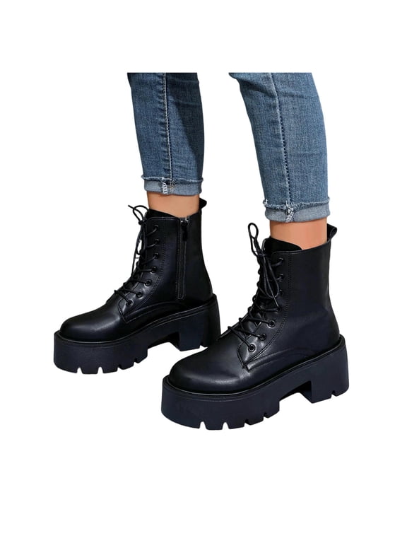 Women Platform Winter Combat Boots Solid Color Leather Lace up Lug Sole Fall Winter Daily Wear Outdoor Short Booties Black Size 7